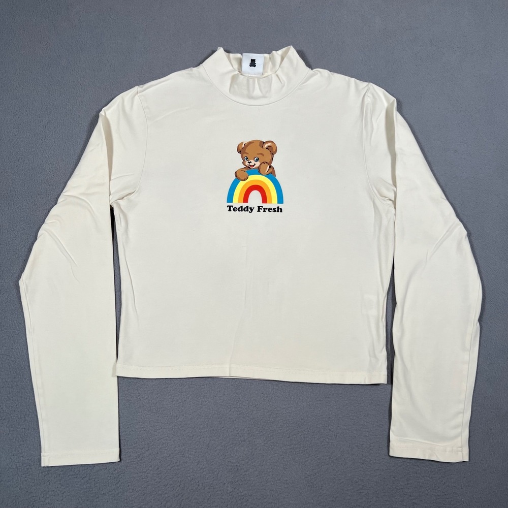 Teddy Fresh Long Sleeve Crop Top Mock Neck Rainbow‎ Bear Graphic Shirt Womens L